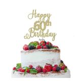 LissieLou Happy 60th Birthday Pretty Cake Topper Glitter Card Gold