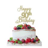LissieLou Happy 90th Birthday Pretty Cake Topper Glitter Card Gold