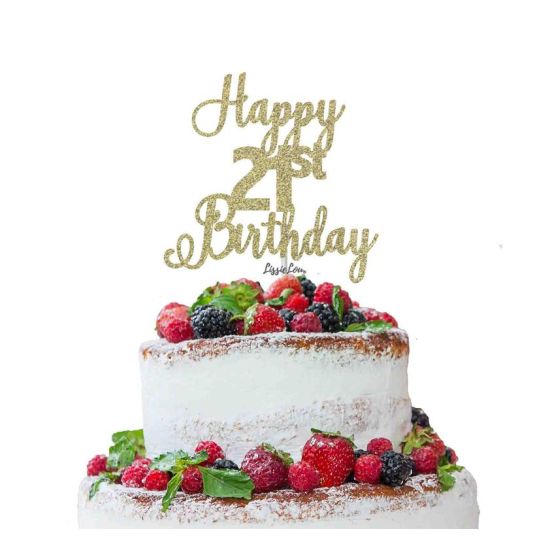 LissieLou Happy 21st Birthday Pretty Cake Topper Glitter Card Gold
