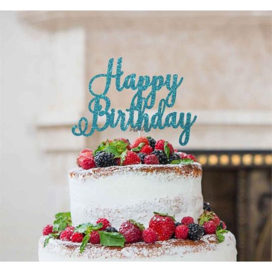 LissieLou Happy Birthday Pretty Cake Topper Glitter Card Light Blue